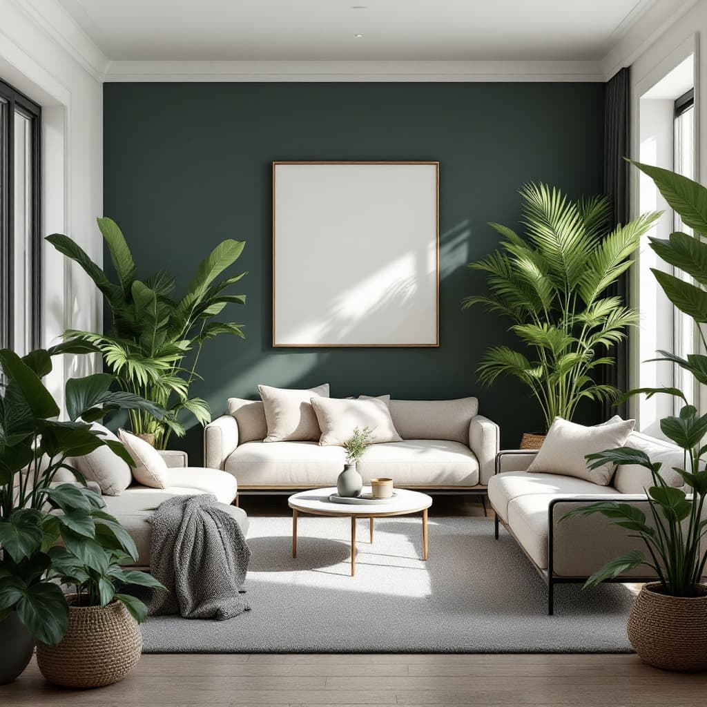 AI generated: 
"A realistic, minimalistic living room with modern furniture in neutral tones, complemented by lush...