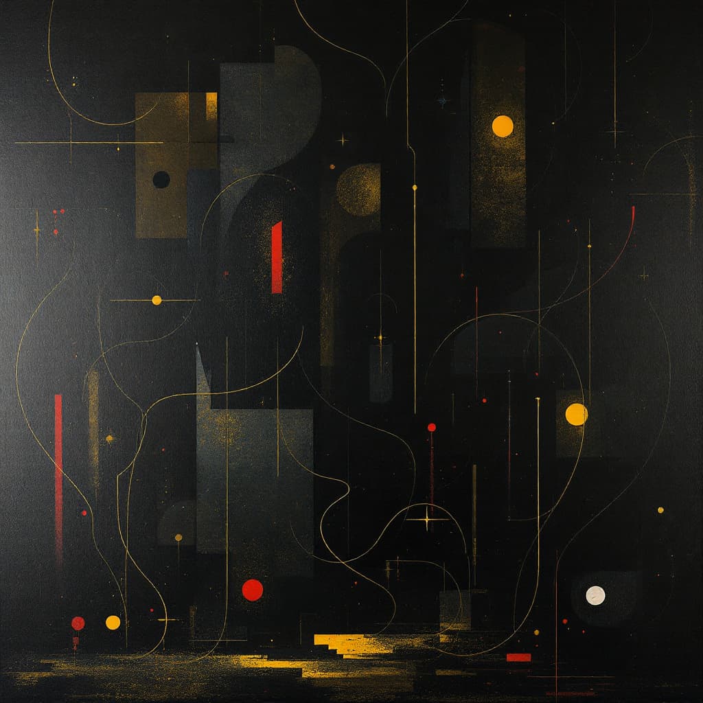 AI generated: Un lienzo oscuro con formas abstractas y texturas variadas. En el fondo, sombras profundas y luces t...