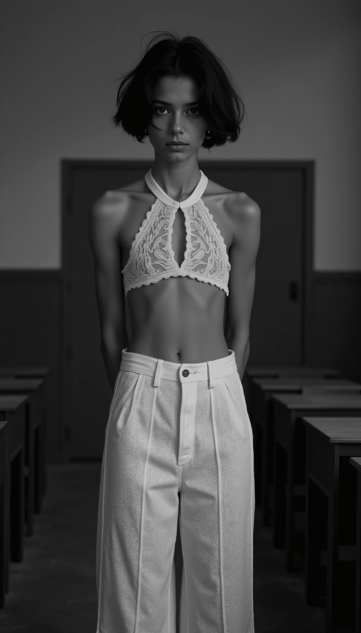 AI generated: dystopian style Black and white fashion photography of a young Norwegian-Tahitian woman in her mid-t...