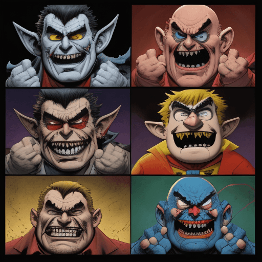 AI generated: chaos comics, evil ernie, smily
