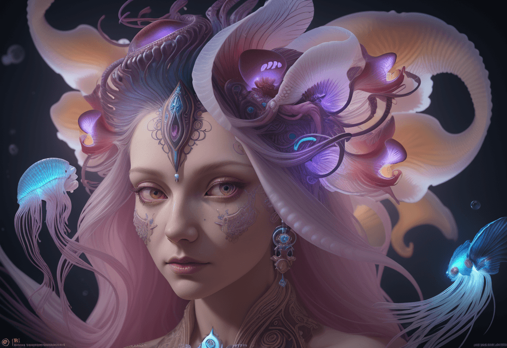 AI generated: Goddess close-up portrait ribcagel. jellyfish phoenix head, nautilus, orchid, skull, betta fish, bio...