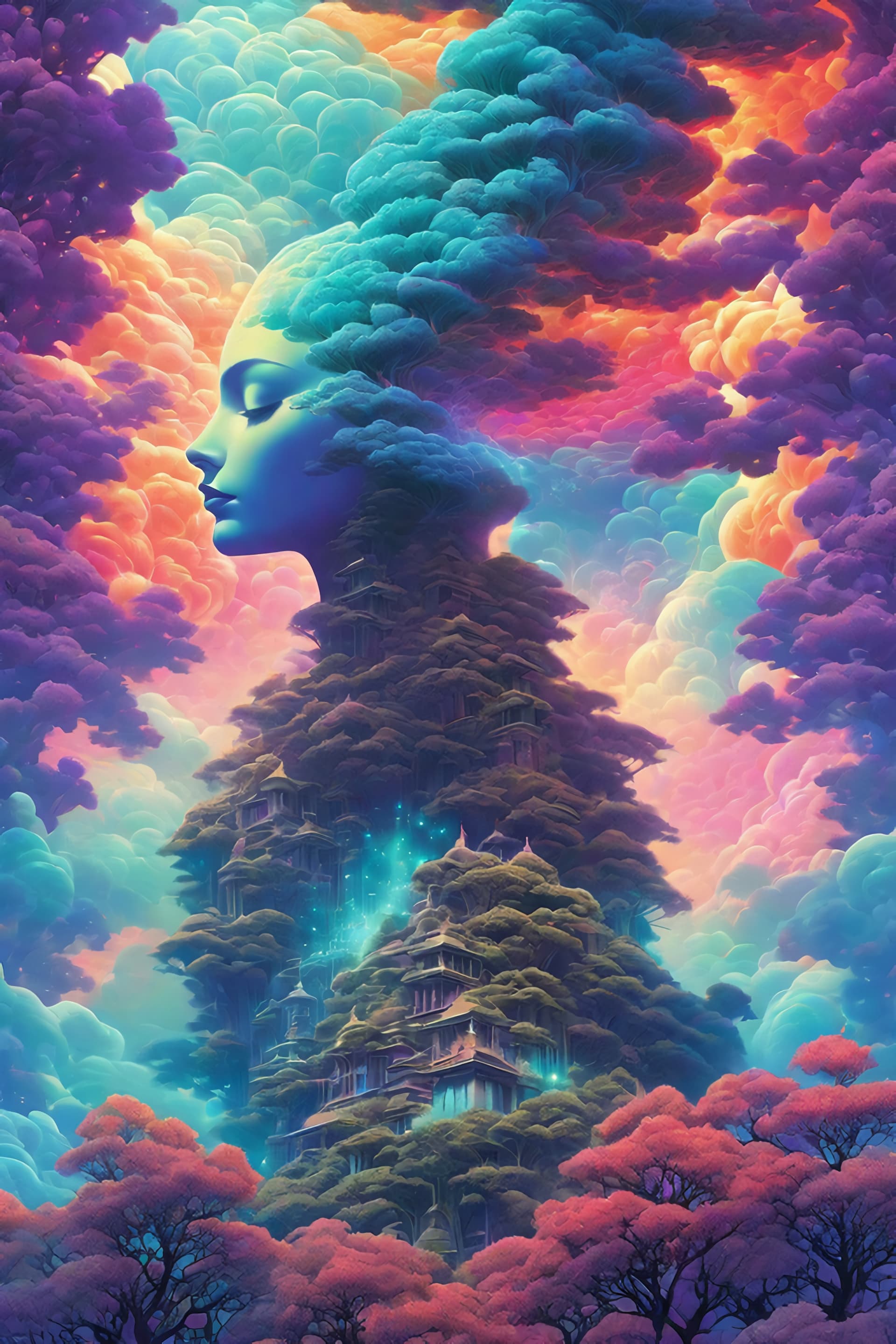 AI generated: Humanoid figure entwined in overgrown fractal formations, poised dramatically as if in the midst of ...