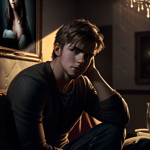 AI generated: image of a young man sitting somberly looking at lover photo, interior design high resolution photog...