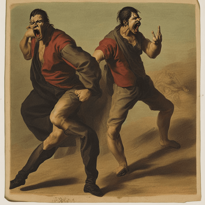 AI generated: The image shows a man confronting others with anger and aggression, with defiant looks and gestures.