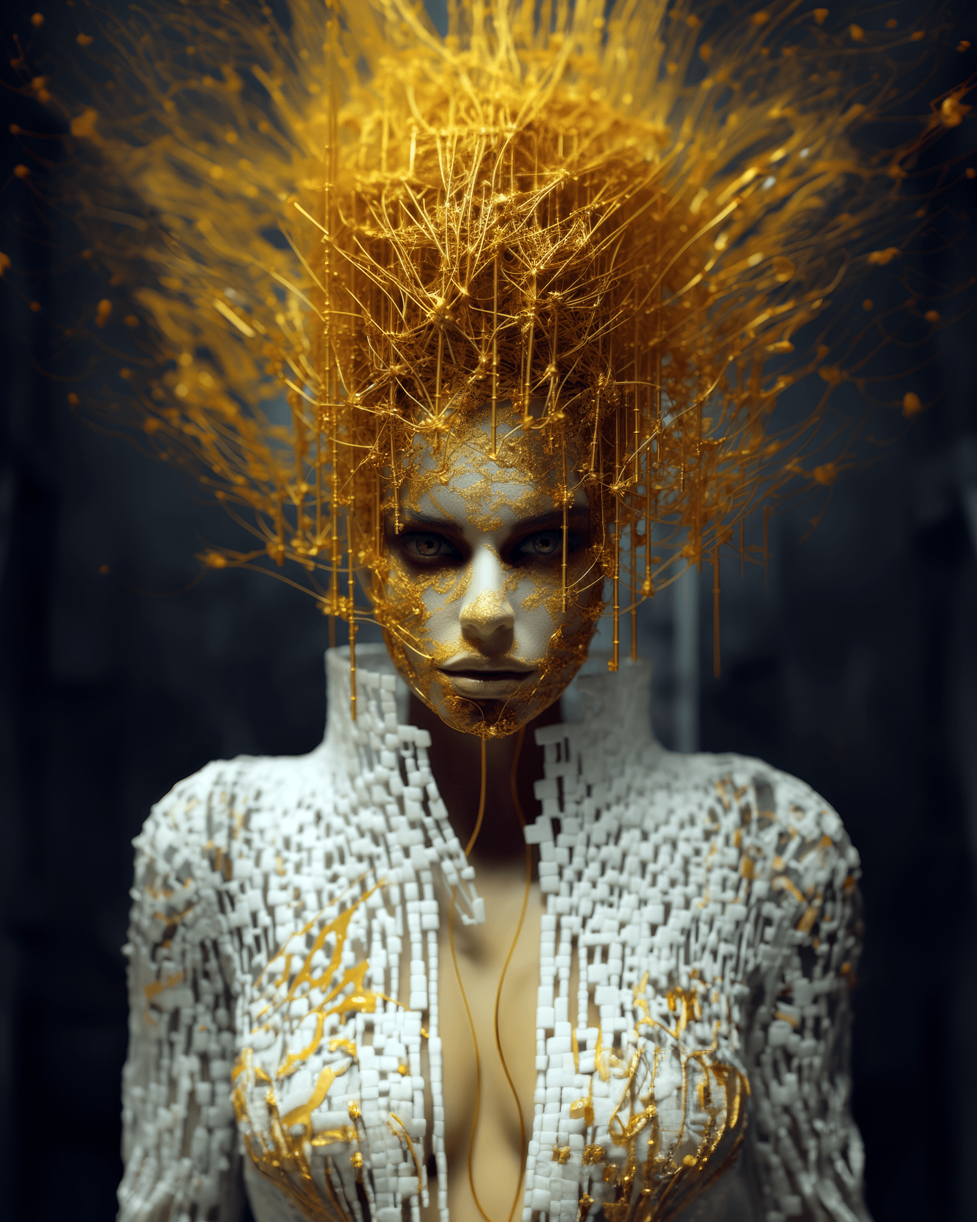 AI generated: a woman in a white shirt and golden lace neck, in the style of manipulated photography, made of wire...