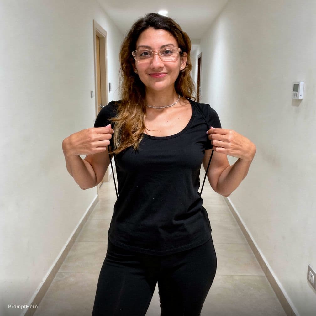 AI generated: This women face in my upload picture A confident adult woman standing in a minimalist indoor hallway...