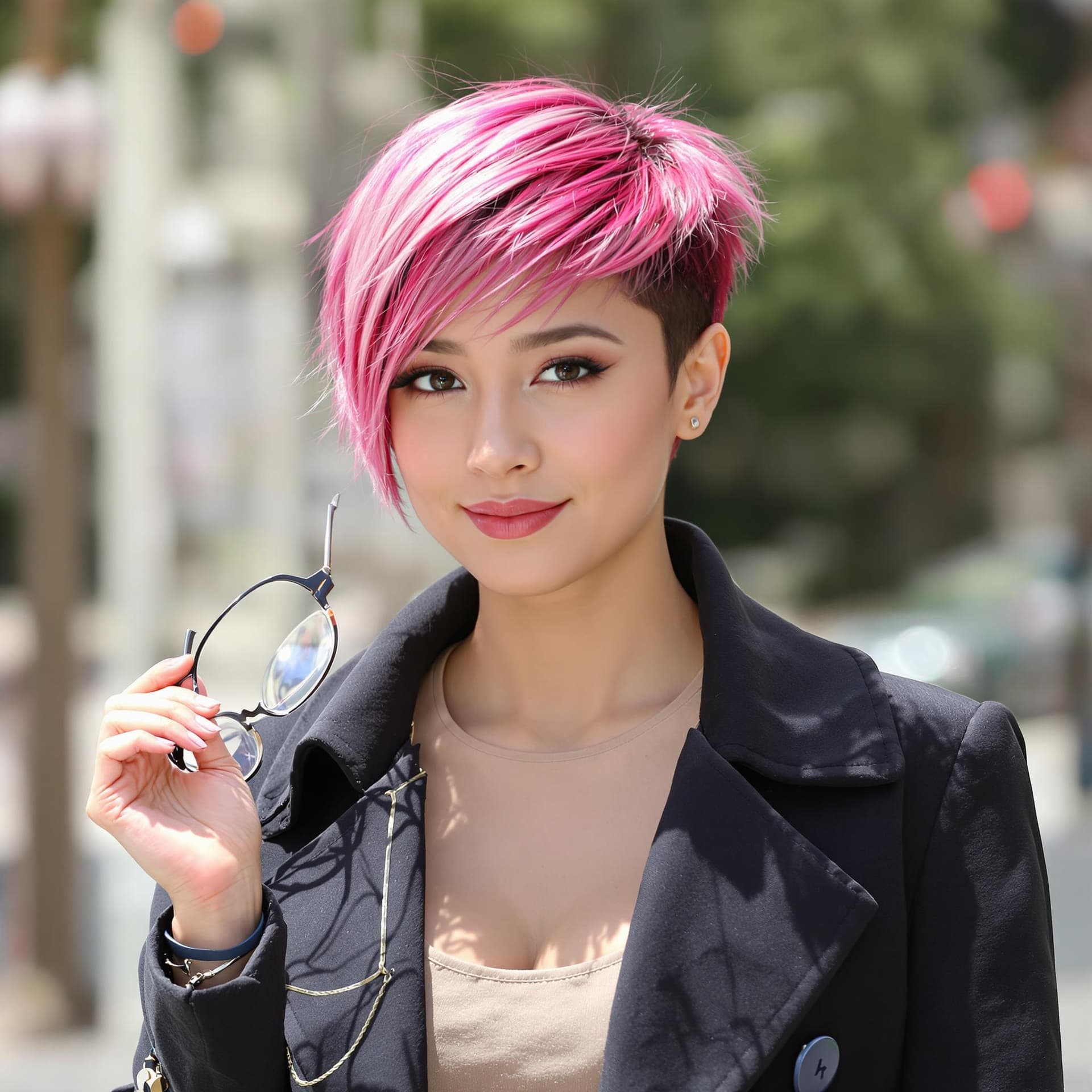 AI generated: A girl with dark pink, ultra-short hair in a sharp, edgy cut. She wears a tailored three-piece outfi...