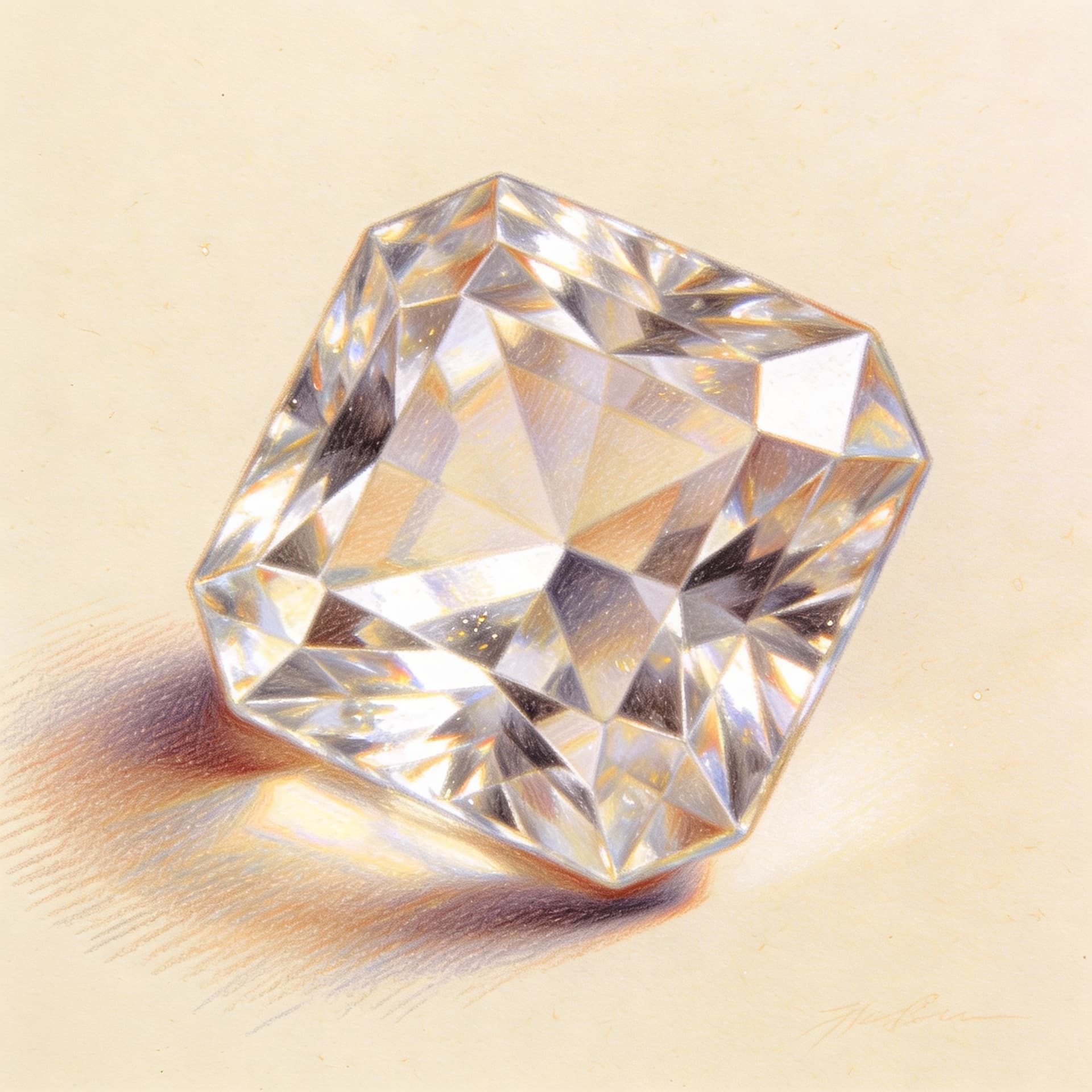 AI generated: A fine art elegant and refined colouring pencil illustration of a princess facetted gemstone.