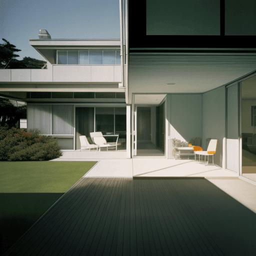 AI generated: Hyper realistic eye level exterior photo of a mid century modern style house overlooking the ocean, ...