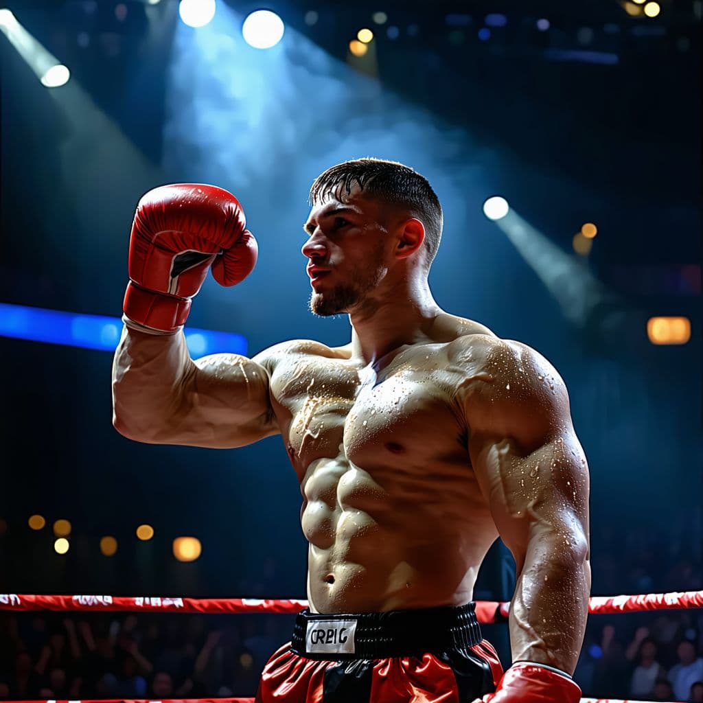 AI generated: photograph,a muscular boxer in the ring flexes his chiseled biceps, sweat glistening under intense s...