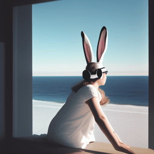 AI generated: overlooking the ocean, daylight, indirect lighting, AD magazine, bunny ears, black clothes