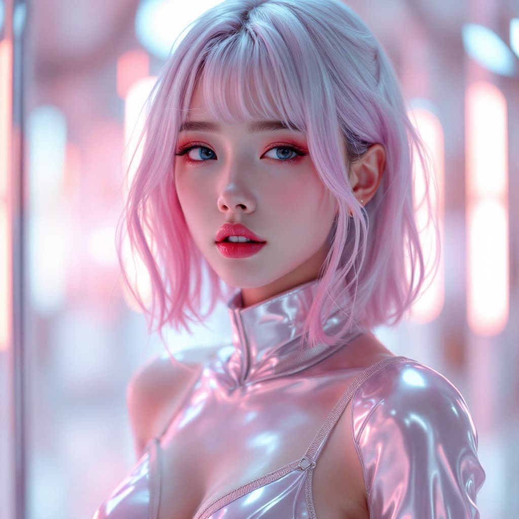 AI generated: A cheerful K-pop idol named Lina with wavy brown hair and a bright, playful smile. She is dressed in...