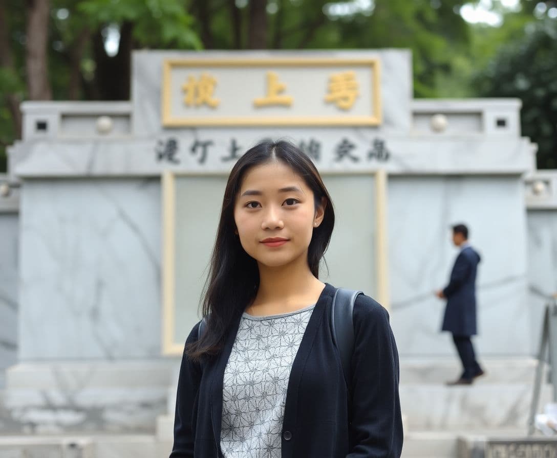 AI generated: A young Asian woman standing before her father's tomb