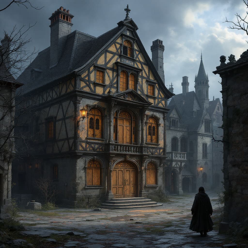 AI generated: Create an image for D&D dark fantasy of a french inspired medieval town. In the center of the is a r...