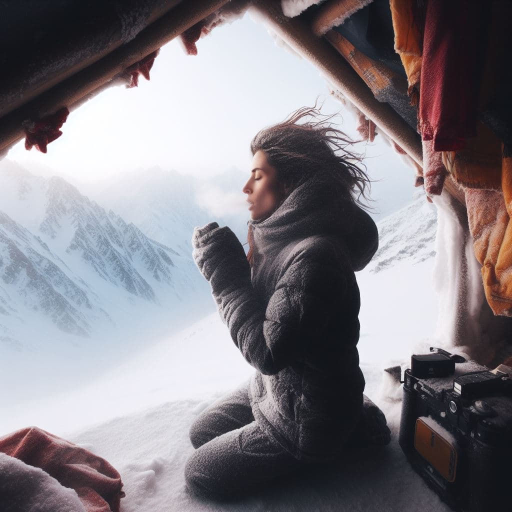 AI generated: Capture the essence of a woman's breath in the frigid cold as she stands atop a snow-covered mountai...