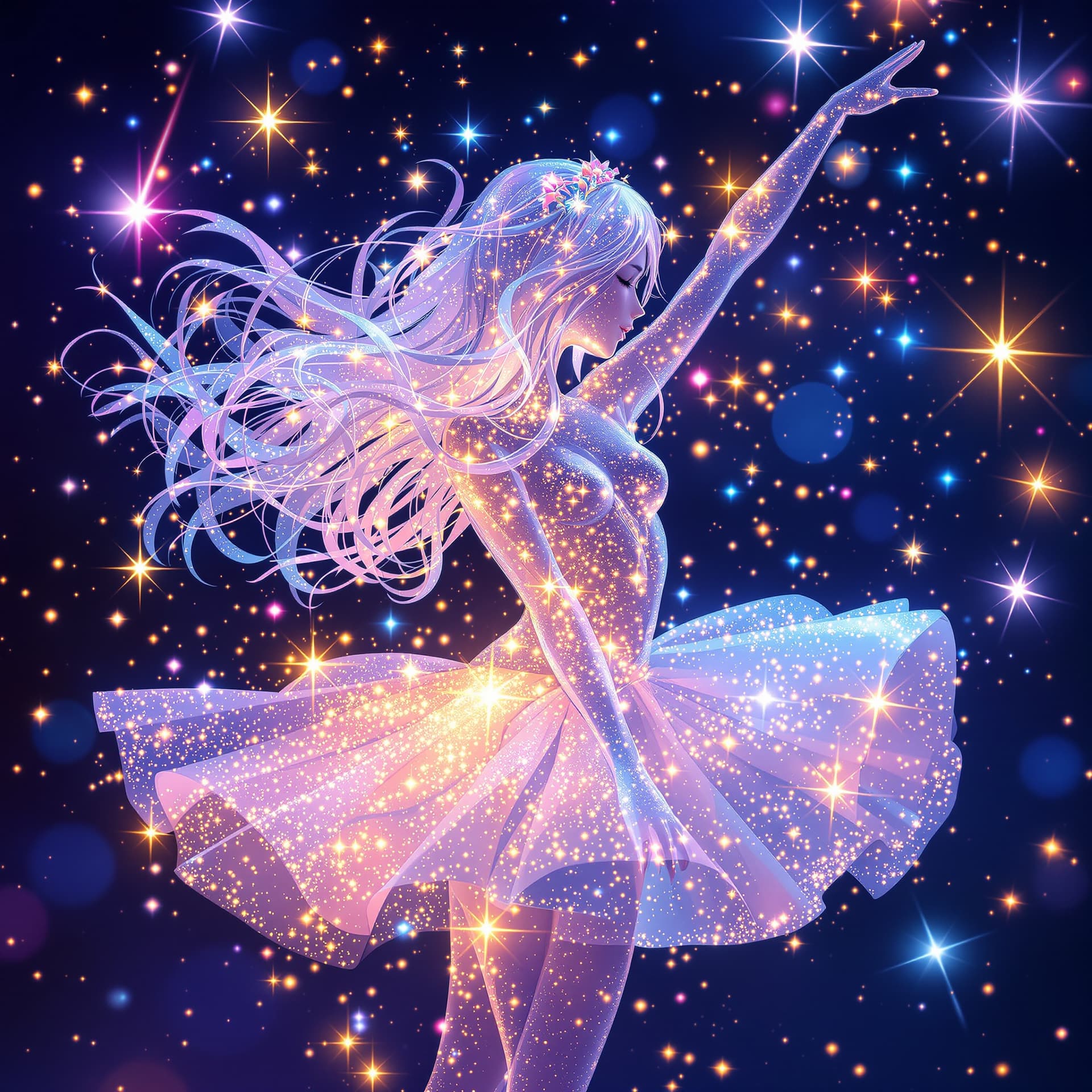 AI generated: Transparent ballerina, long hair and short skirt girl made glitter and sparkle. Deep color. Stars an...
