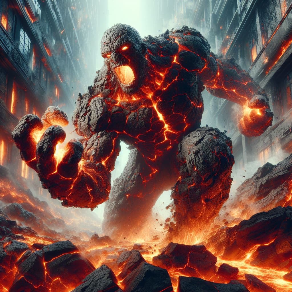 AI generated: Primordial living lava golem, molten interior visibly churning through cracked rocky surface. Depict...