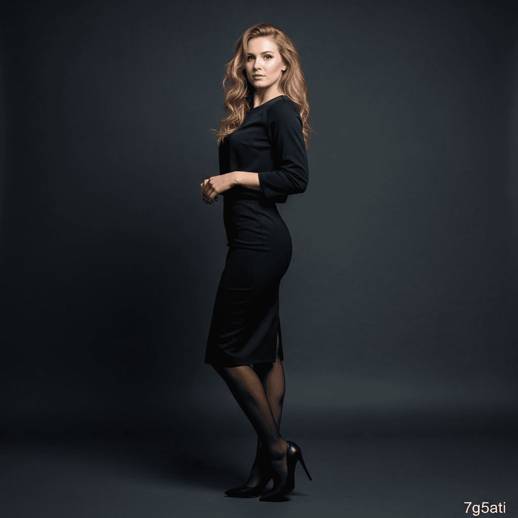 AI generated: caucasian, blonde wavy long hair, black silk stockings, high heels, pencil skirt, athletic figure, l...