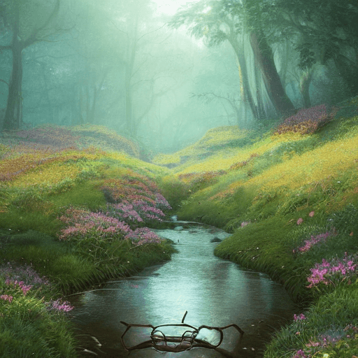 AI generated: copper waterbugs live in a luminous brook that winds through a midnight-blue meadow landscape, dista...