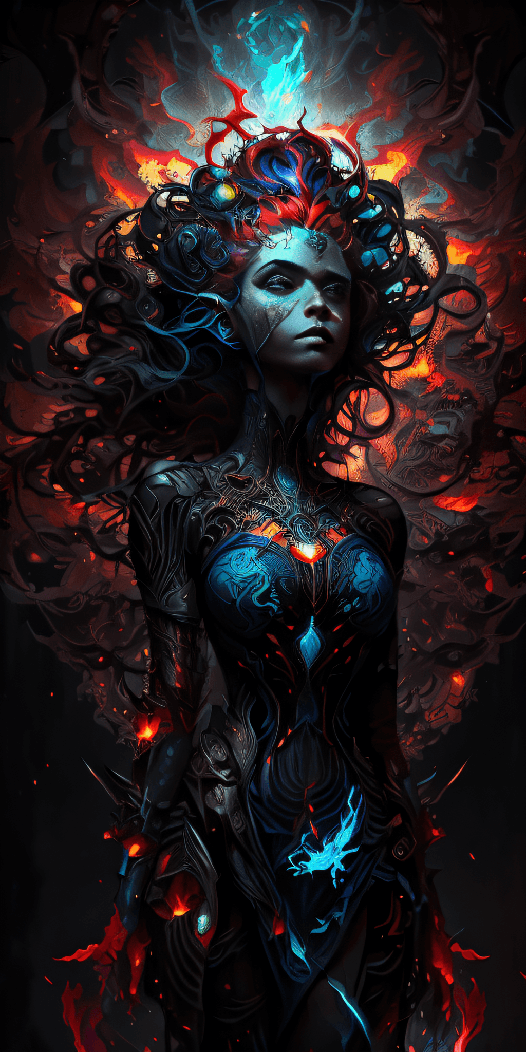 AI generated: arafed woman with a black body and a blue dress with a red flame in her hair, dan mumford tom bagsha...