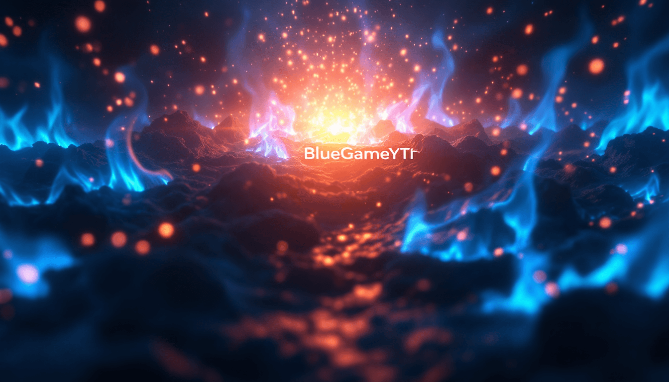 AI generated: render, text "BlueGameYT", blue color, blue flames, bright light emanating from center, high contras...