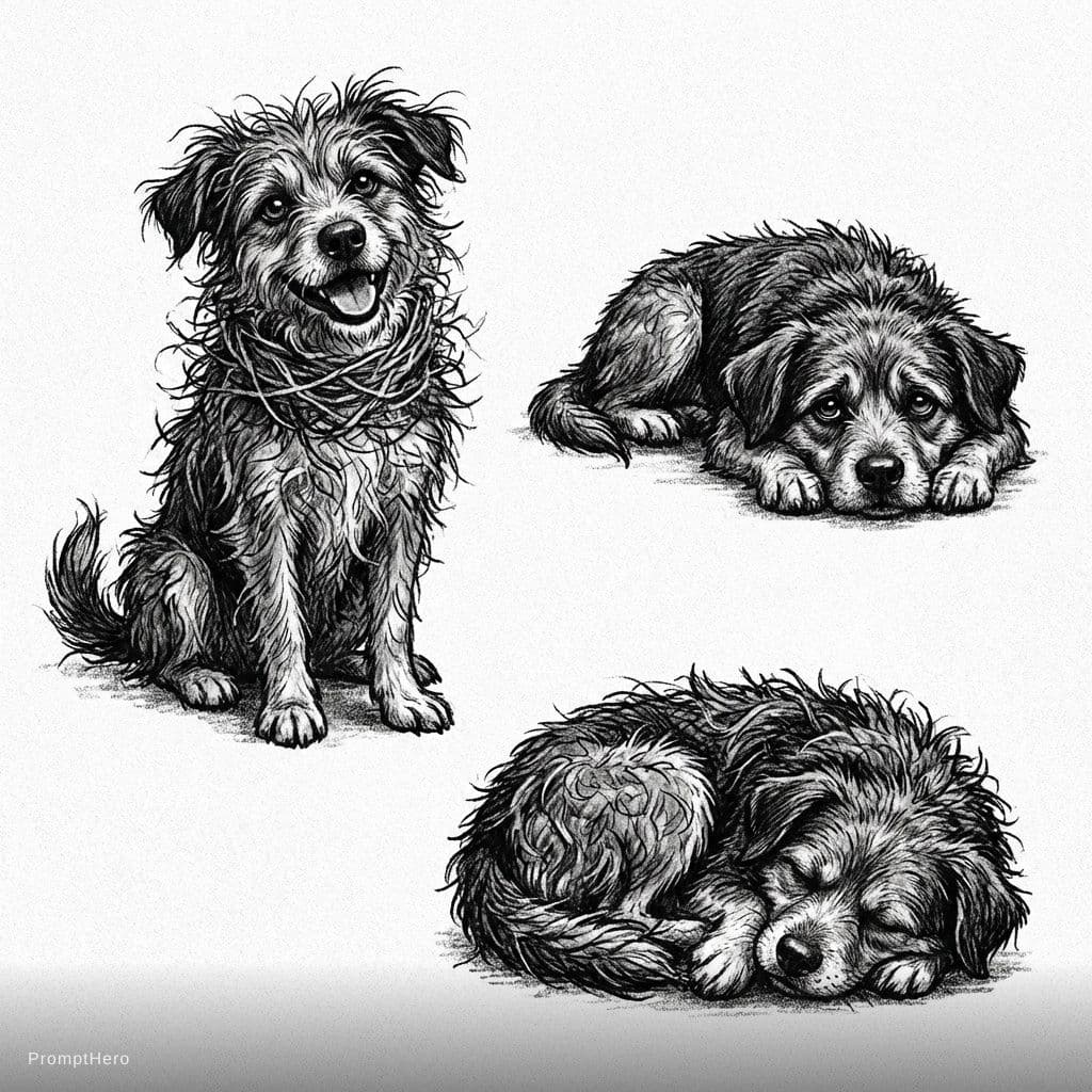 AI generated: an illustration of a dog with messy hair, in the style of whimsical children's book illustrator, gra...