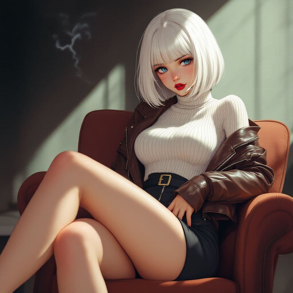 AI generated: anime, woman, white hair, bob cut, blue eyes, freckles, red lips, white sweater, tight sweater, turt...