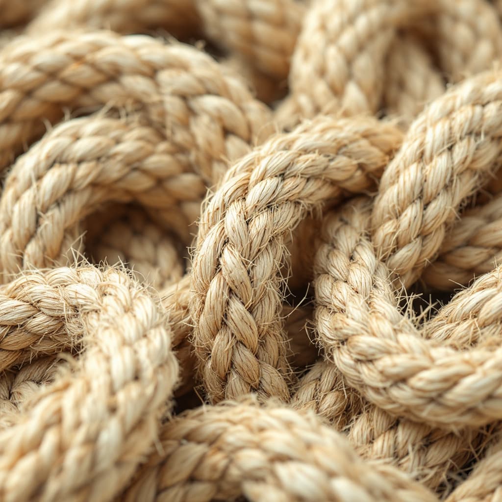 AI generated: Ultra high-resolution, extremely close-up view of multiple natural fiber ropes wound into spiral sha...