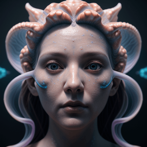 AI generated: Goddess close-up portrait ribcagel. jellyfish phoenix head, nautilus, orchid, skull, betta fish, bio...