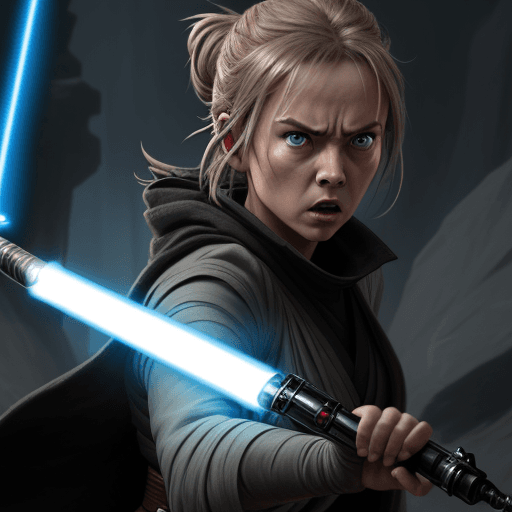AI generated: A female jedi is looking for enemies, angry, and ready to kill, her lightsaber is ready to fight, --...