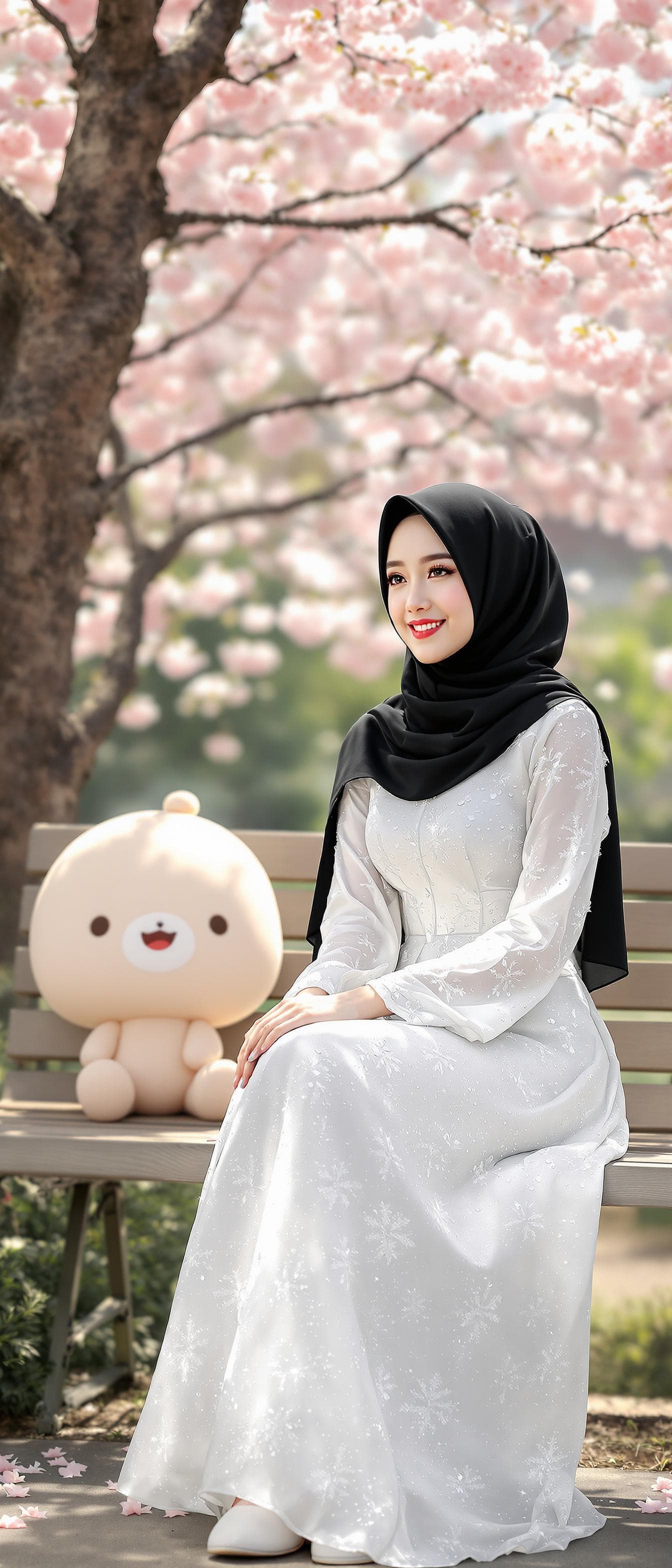 AI generated: 3D Render of a girl, outdoors, garden, cherry blossoms, sitting in a bench the arms on knee, black h...
