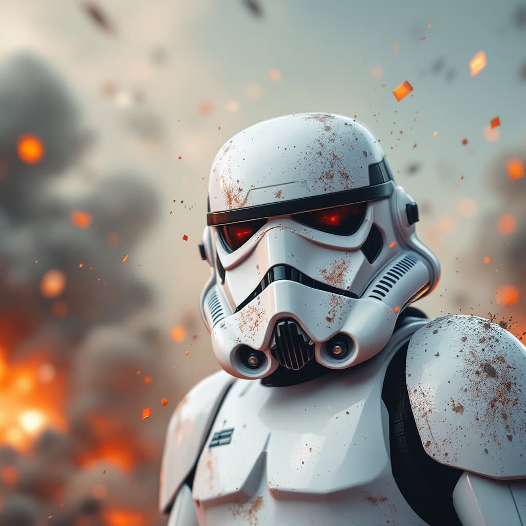 AI generated: Flat illustration, 3d, close up, an iconic Storm trooper from Star wars movie, (half-body shot:2), b...