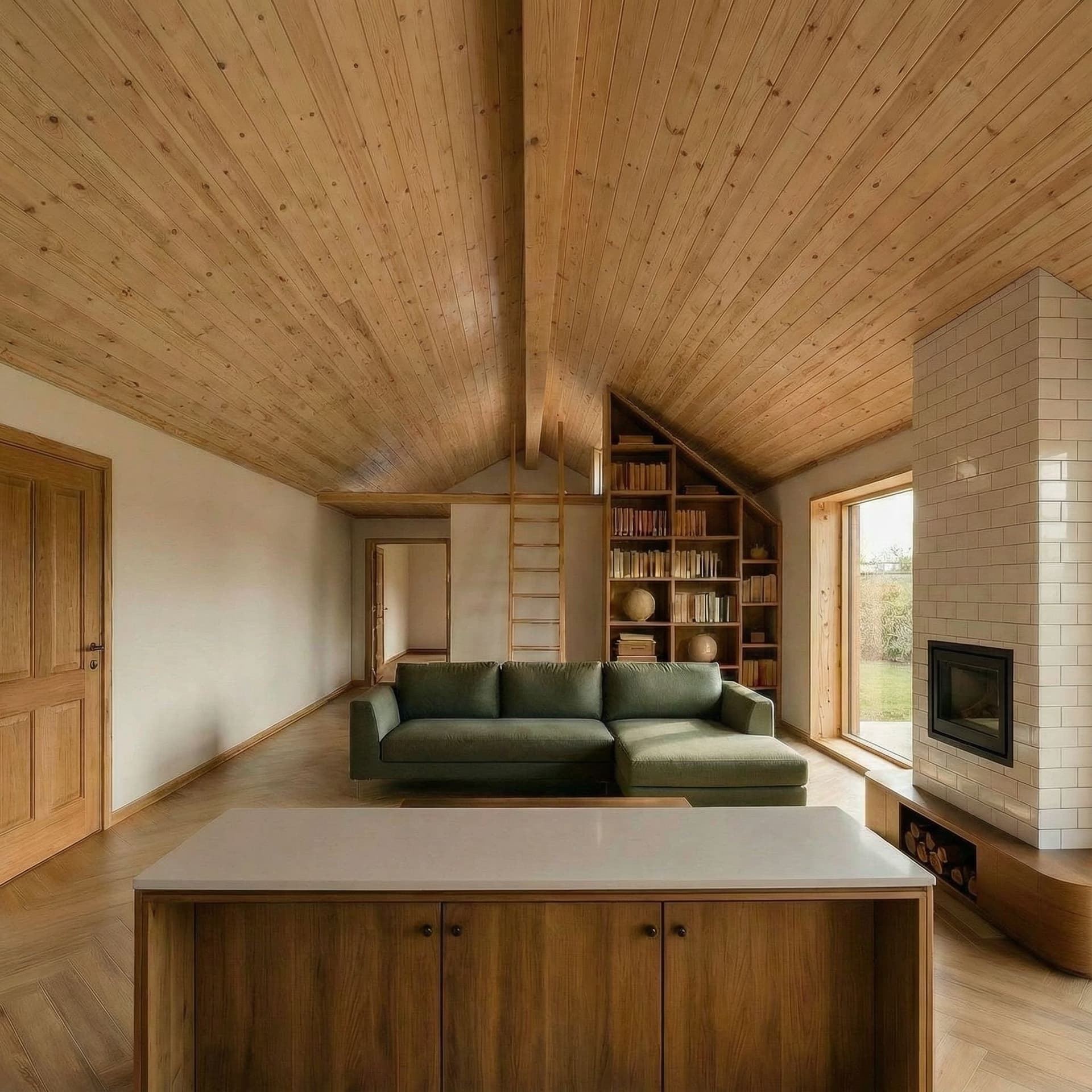 AI generated: modifica la madera del techo, por una madera clara de pino con una viga central y en lugar de puerta...