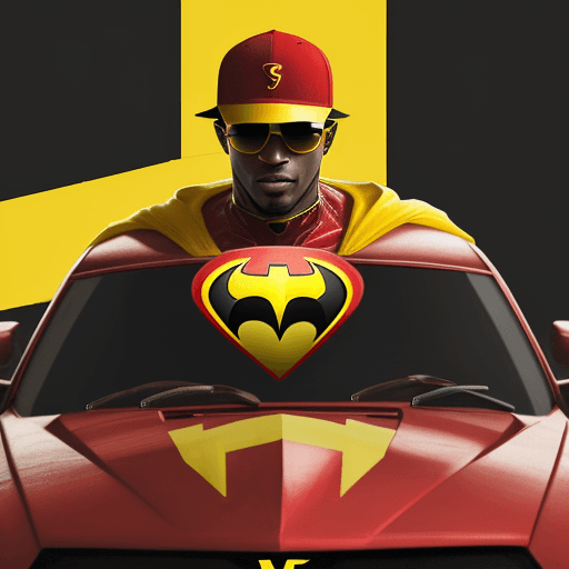 AI generated: A BLACKMAN in a red baseball cap, yellow sunglasses, in a dark red superhero knight armour suit with...