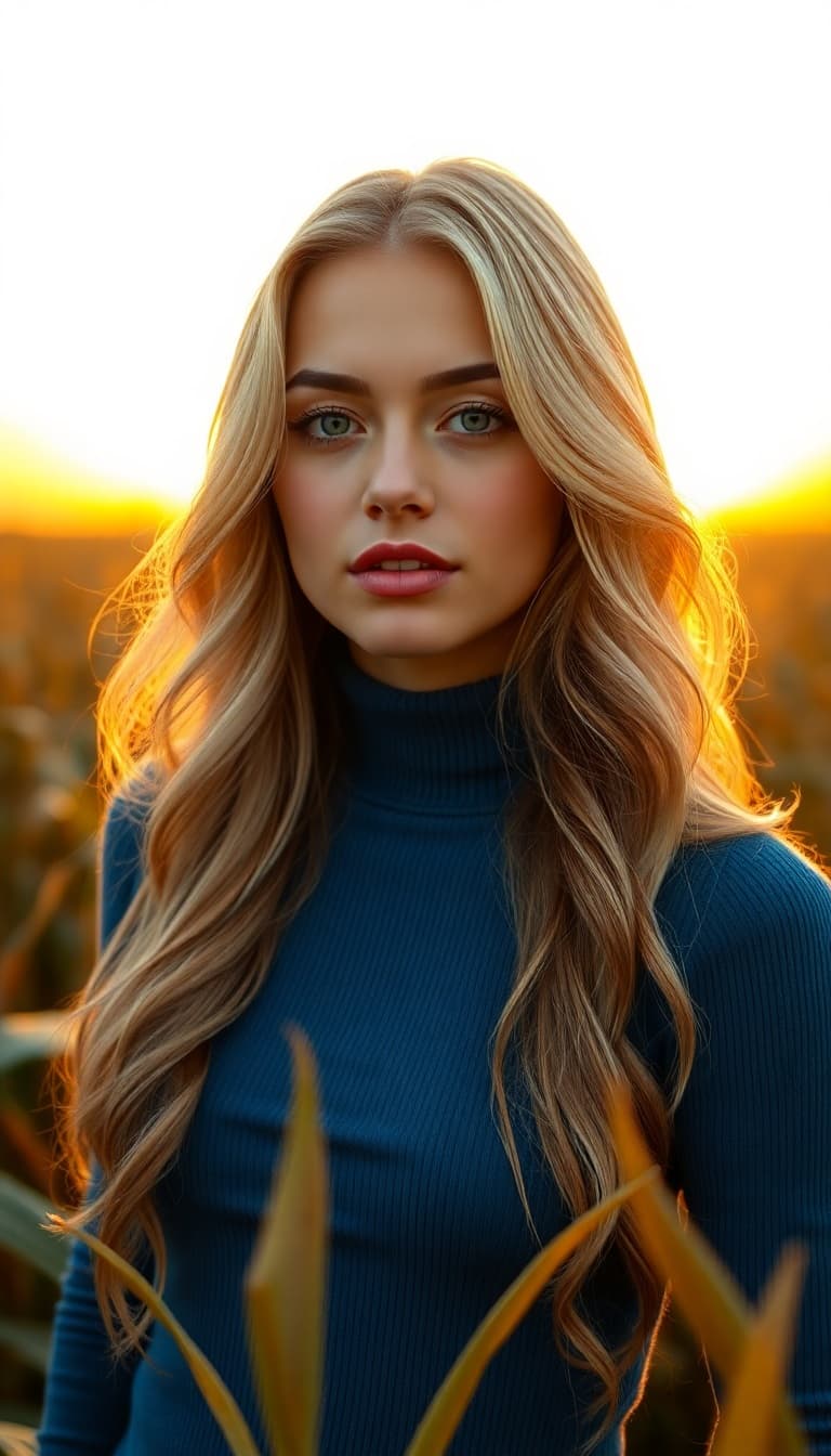 AI generated: "High resolution, head & shoulders, vertical, image, lithe supermodel, early 20's, light skin, cornf...