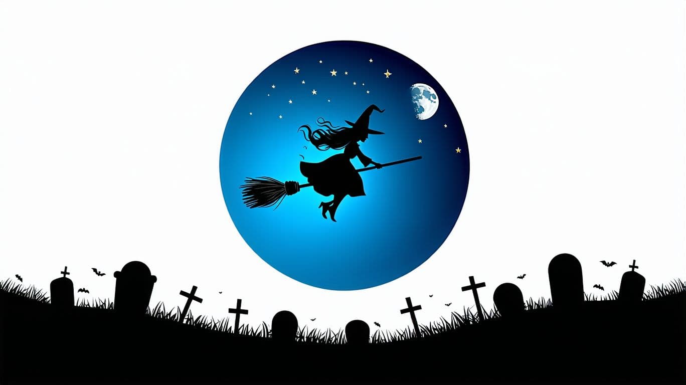 AI generated: round clipart, silhouette of witch flying on broom over graveyard with moon and stars, minimalism ve...