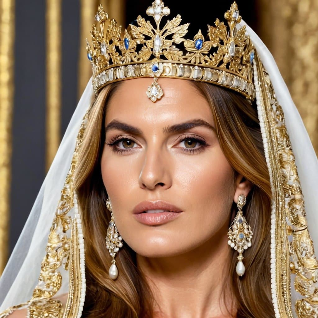 AI generated: epic realistic, young Cindy Crawford, tiara, headdress and veil on her head, noblewoman, the Middle ...