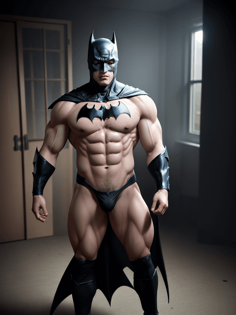 AI generated: Batman, caucasian complexion, big muscles and big thighs, in his thirties, He wears a (((transparent...