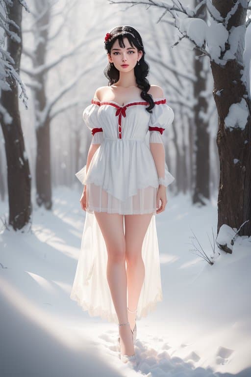 AI generated: woman dressed as snow white, natural makeup, flirting, dreamy background, (((full body visible))), l...