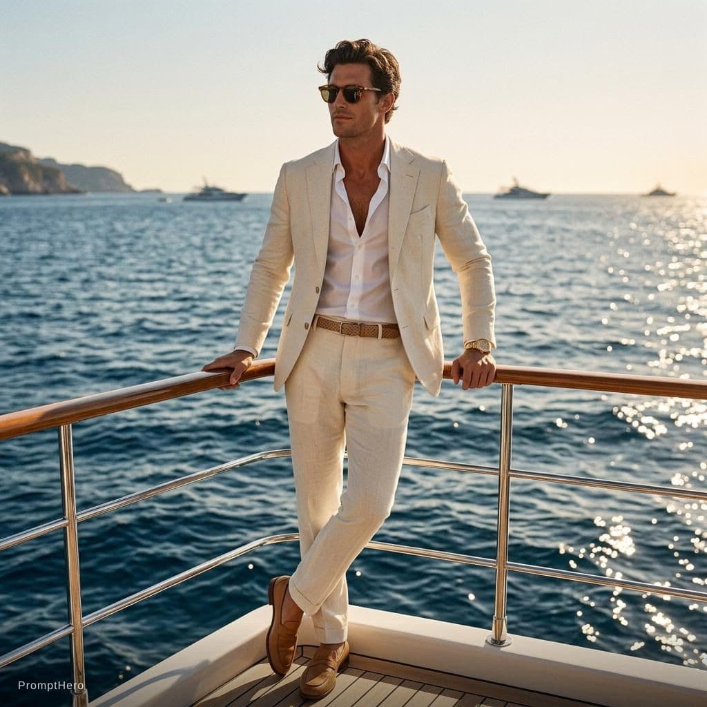 AI generated: Create a high-end fashion image of a male model wearing a tailored summer suit with an open shirt. P...