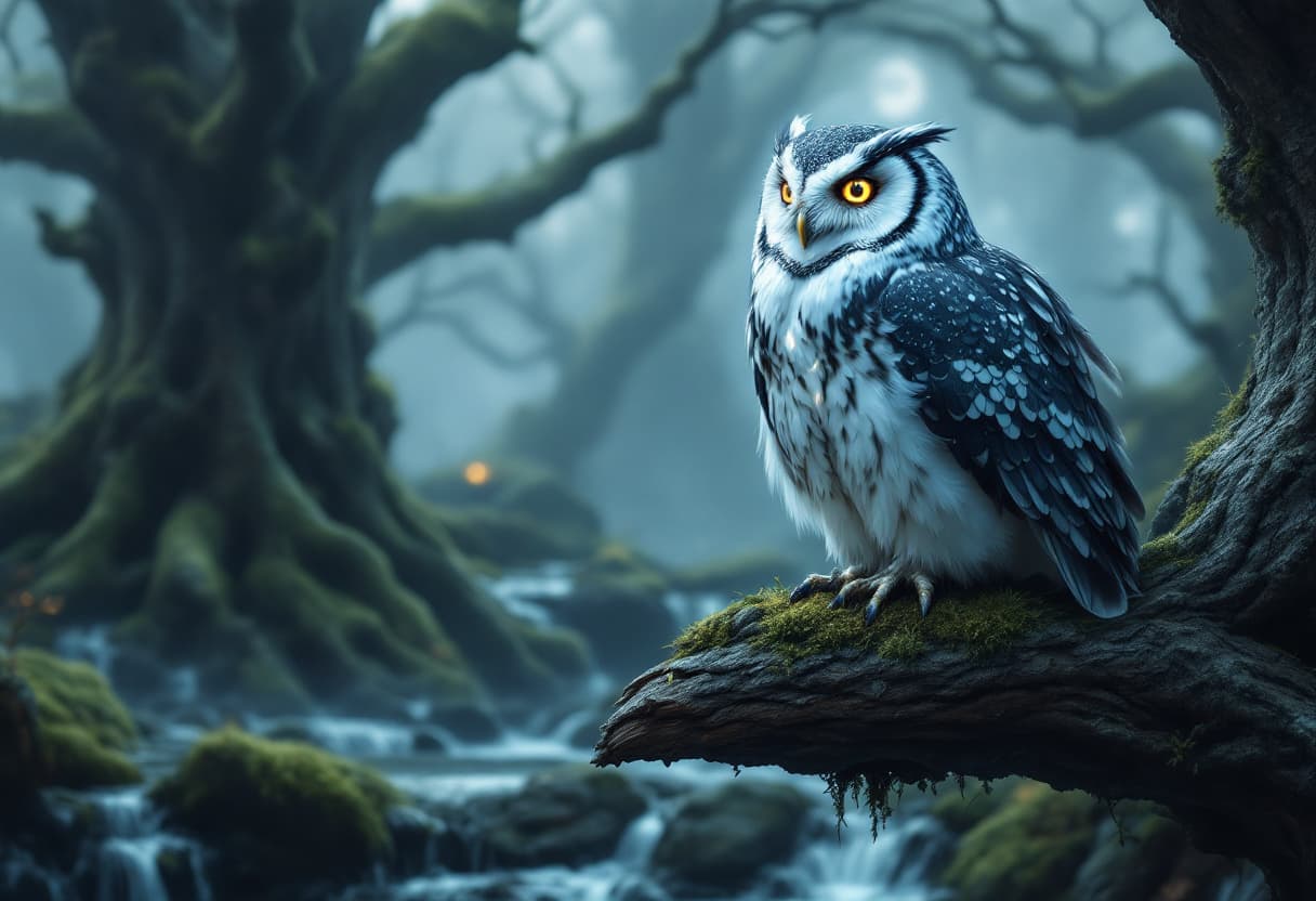AI generated: /imagine prompt: A highly detailed, atmospheric scene of a mystical owl with moonlit feathers guardi...
