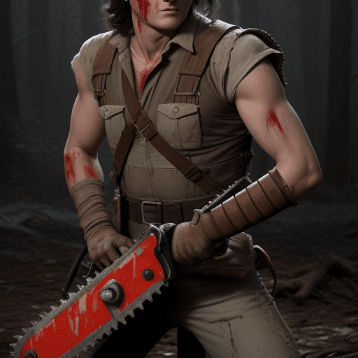 AI generated: Javier Milei as Ash from Army of darkness, with a chainsaw as his left arm hiper realistic, the left...