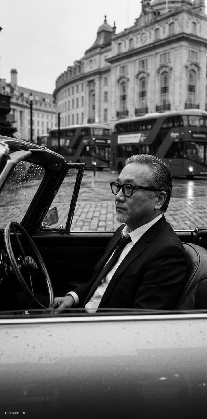 AI generated: Black and white street photography of an attrachied man in black suit jacket sitting inside vintage ...