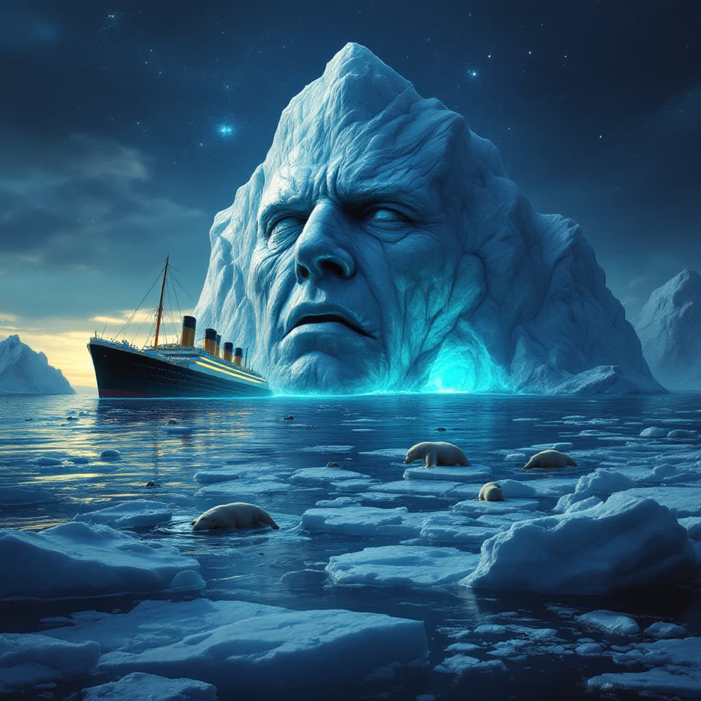 AI generated: Un iceberg gigantesco y antropomórfico, con un rostro formado por grietas de hielo, mostrando una ex...