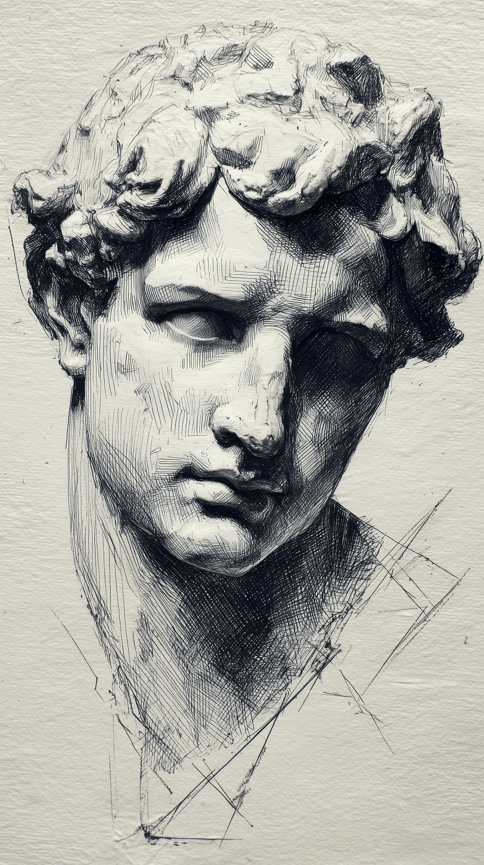 AI generated: minimalist sketch, front central composition, charcoal pencil on textured fine art paper, julian pla...