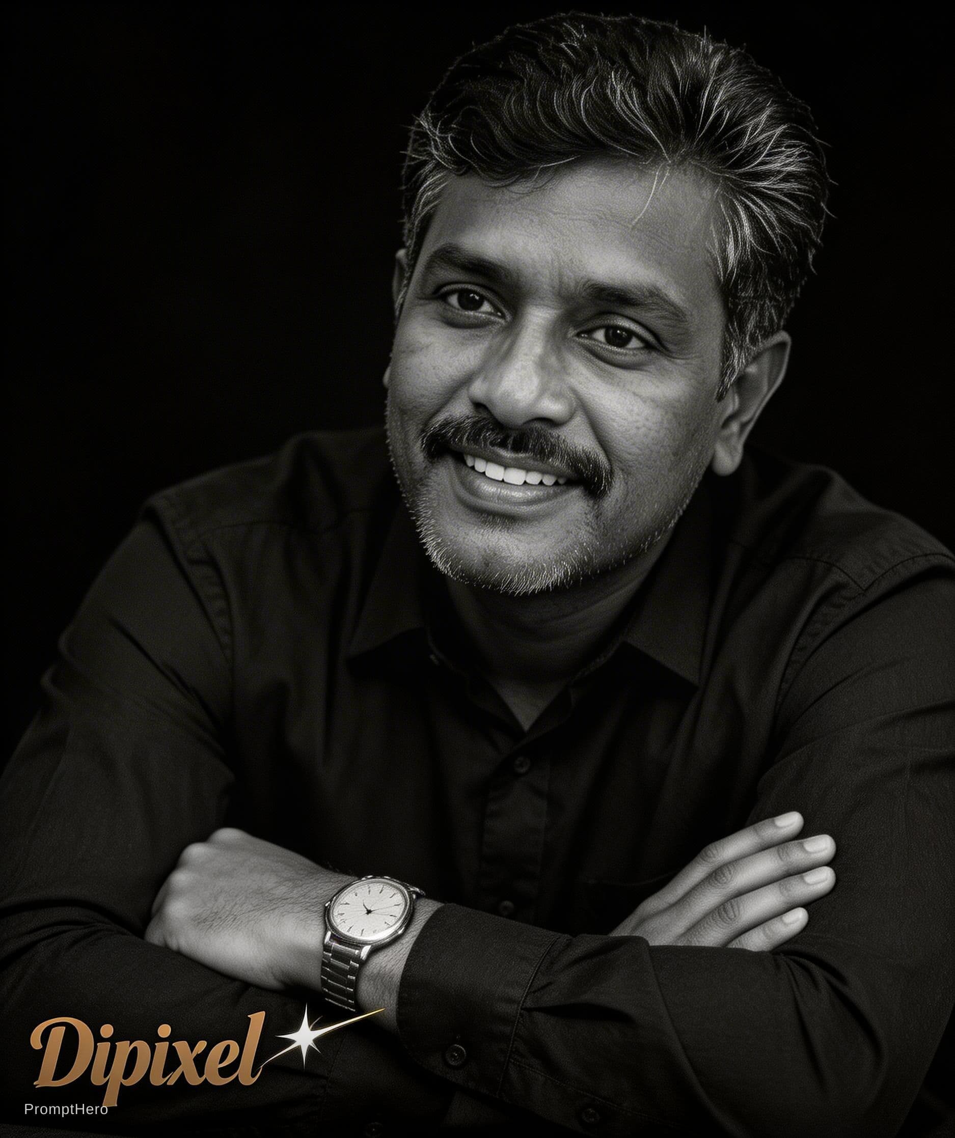 AI generated: Ultra-realistic cinematic black and white portrait of a smiling upload image leaning forward with ar...