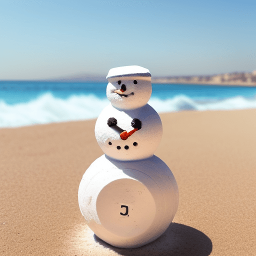 AI generated: Snowman stands on the beach in Cyprus, it holds a dumbbell in one hand and a cute puppy in another o...