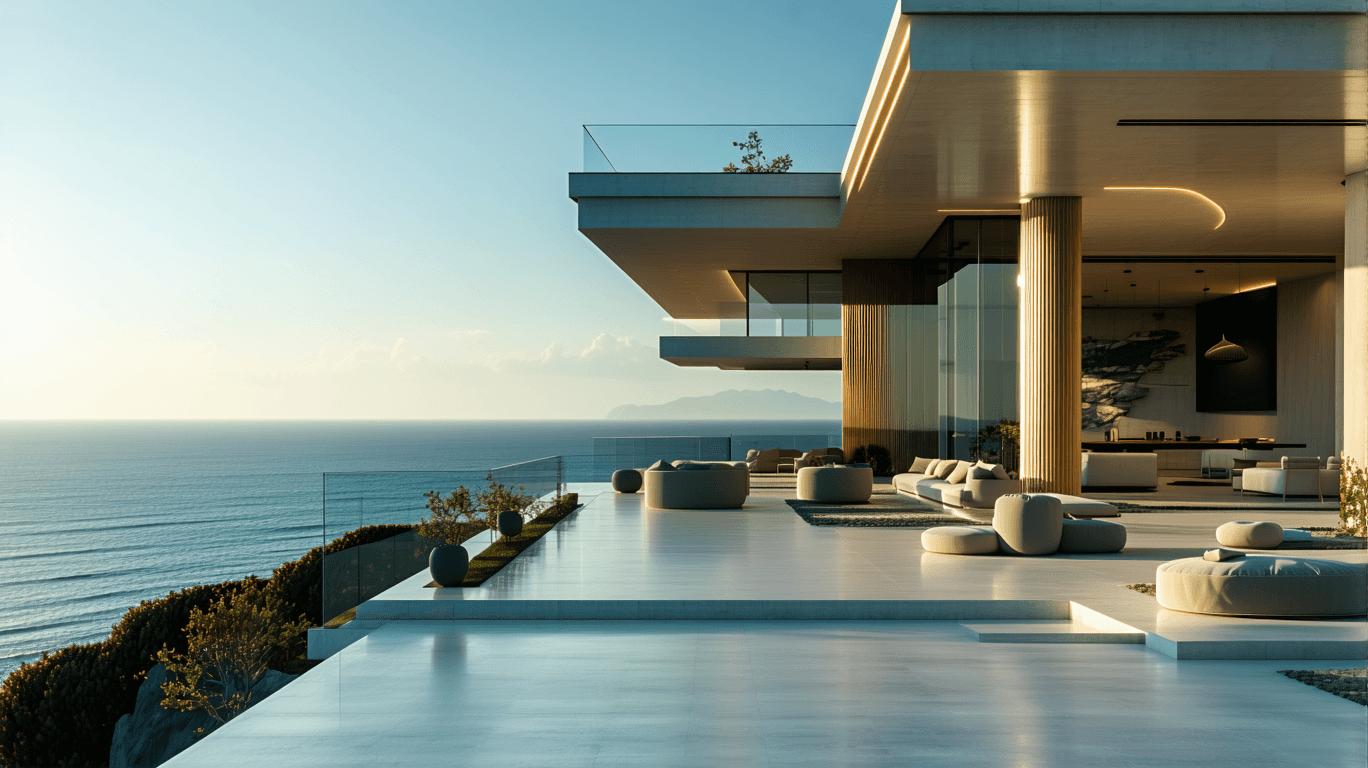AI generated: Hyper realistic eye level exterior photo of a mid century modern style house overlooking the ocean, ...