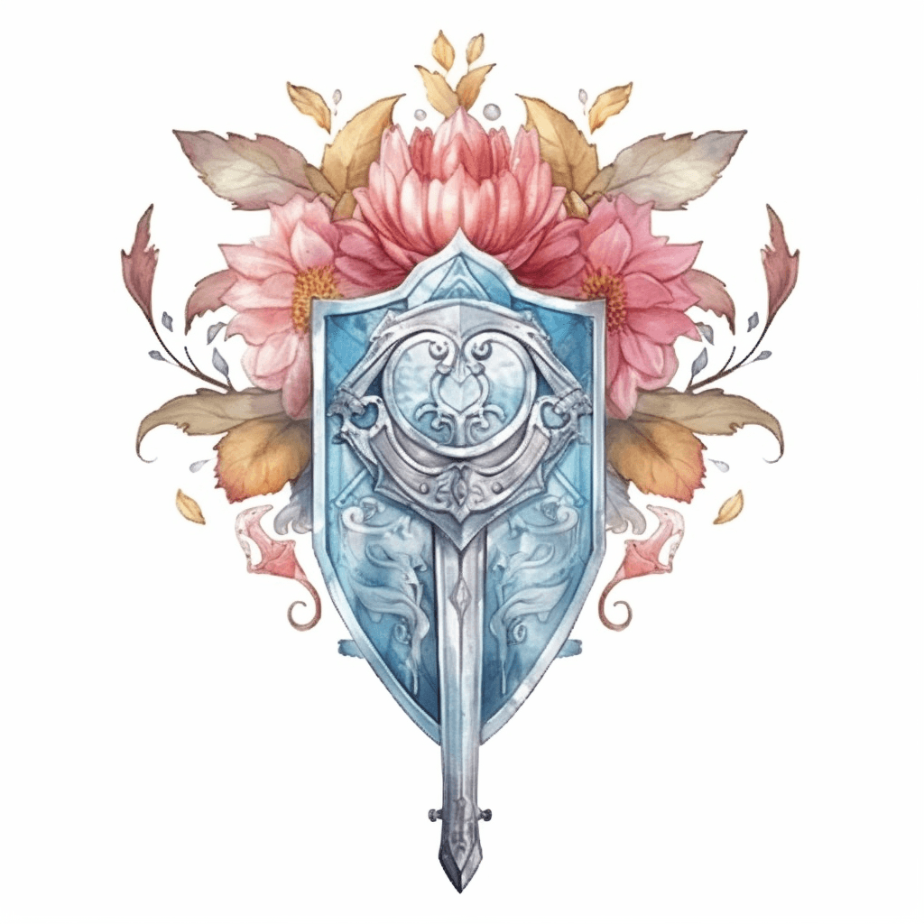 AI generated: Watercolor aged beautiful sword and shield, floral elements, high fantasy vibes, isolated on a white...