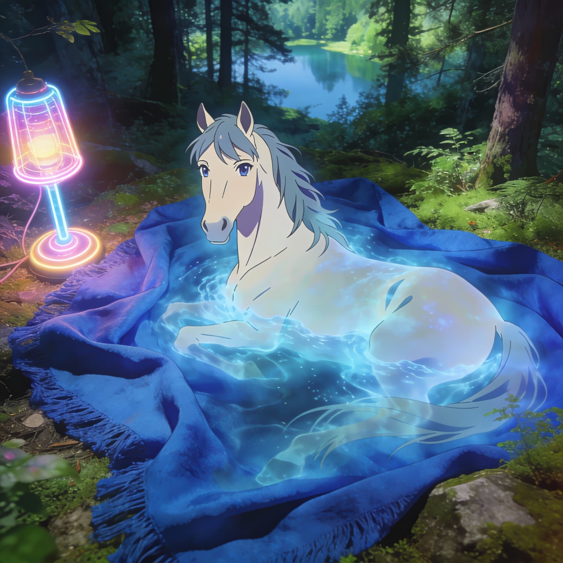 AI generated: Beautiful anime horse dissolving into vibrant blue fabric, surrounded by natural beauty, neon lamp, ...